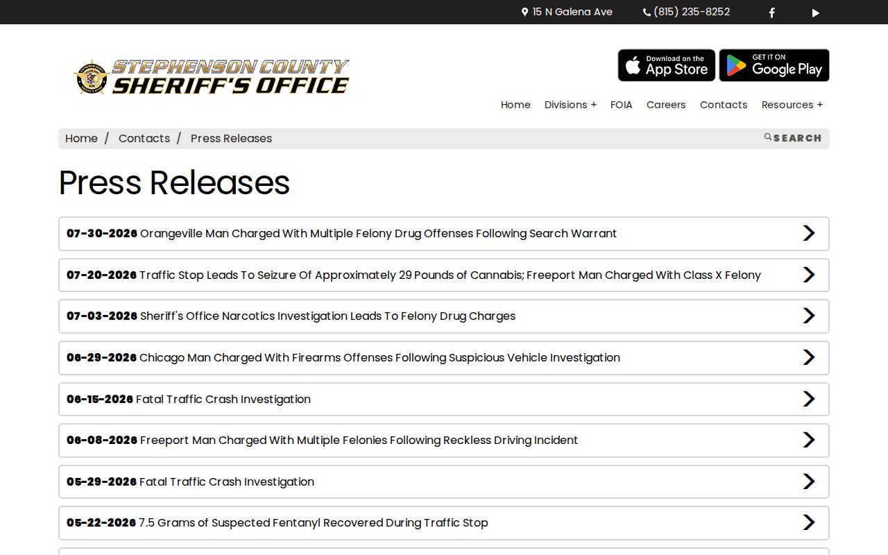 Stephenson County Sheriff press release archive for arrest records