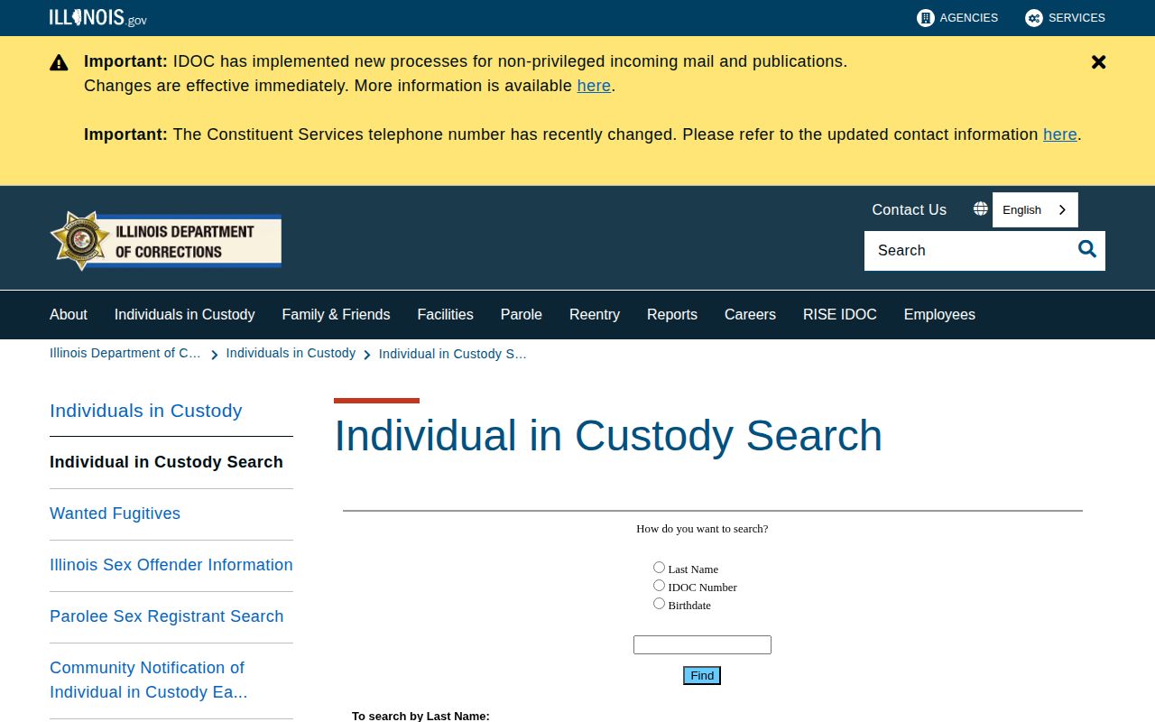 Illinois Department of Corrections individual in custody search
