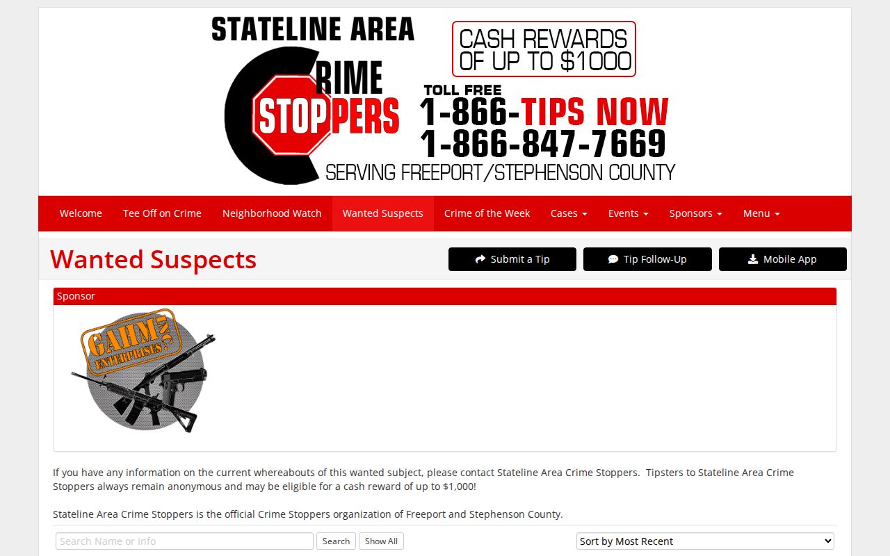 Stephenson County Stateline Area Crime Stoppers wanted list